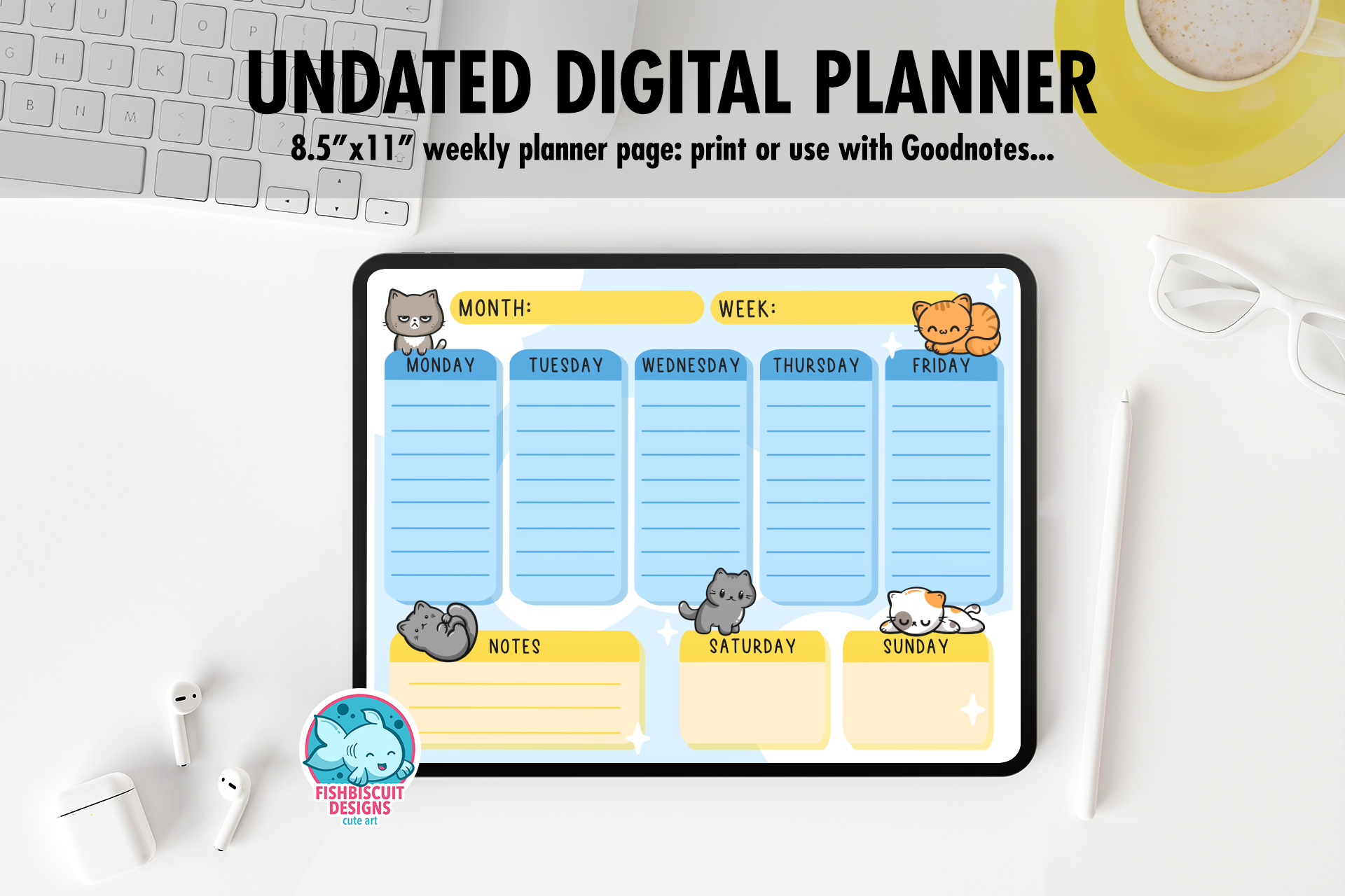 DIGITAL DOWNLOAD Printable Goodnotes PDF Kawaii Cute Cat Weekly Planne –  FishbiscuitDesigns
